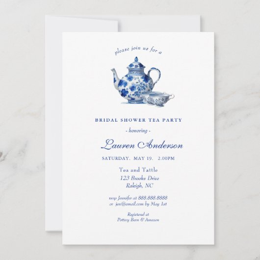 Blauwe en witte Teapot Bridal Shower Invitation Kaart (Voorkant)