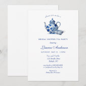 Blauwe en witte Teapot Bridal Shower Invitation Kaart (Voorkant / Achterkant)