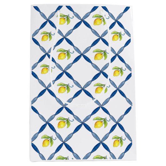 Blauwe en witte Tegel met lemmetjes Medium Cadeauzakje (Voorkant)