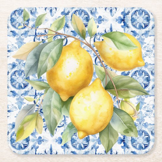 Blauwe en witte tegel van de Italiaanse waterverf  Kartonnen Onderzetters (Voorkant)