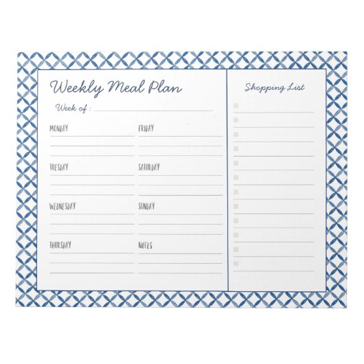Blauwe en witte Tegel Wekelijkse maaltijdplanker Notitieblok (Voorkant)