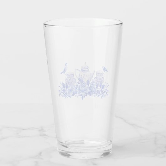 Blauwe en witte thee set met vogels glas (Achterkant)