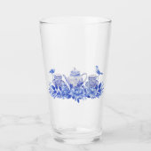Blauwe en witte thee set met vogels glas (Voorkant)