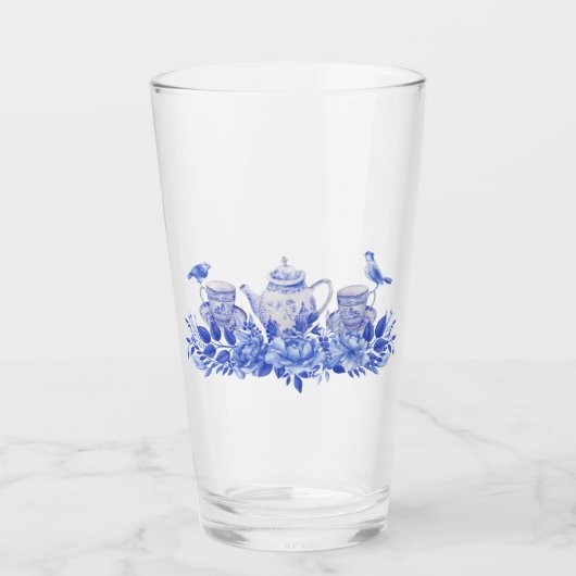 Blauwe en witte thee set met vogels glas (Voorkant)