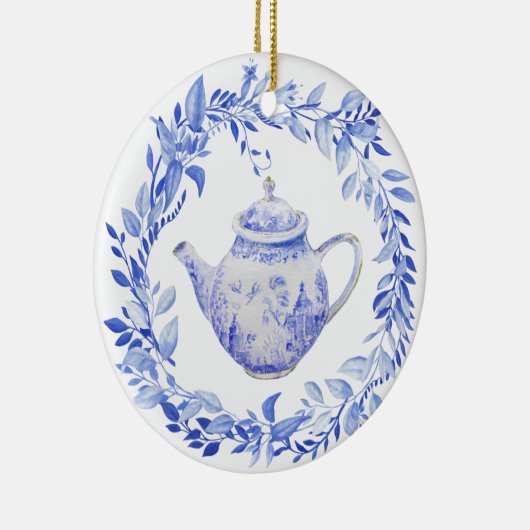 Blauwe en witte theepot met adem keramisch ornament (Rechts)