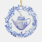 Blauwe en witte theepot met adem keramisch ornament (Voorkant)
