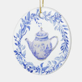 Blauwe en witte theepot met adem keramisch ornament (Links)