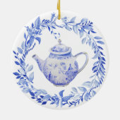 Blauwe en witte theepot met adem keramisch ornament (Achterkant)