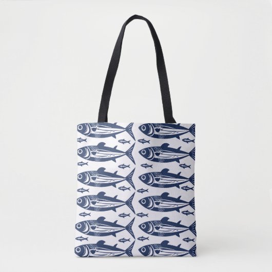 Blauwe en witte trendy sardinevis tote bag (Voorkant)
