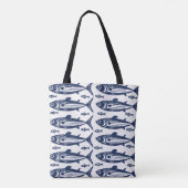 Blauwe en witte trendy sardinevis tote bag (Achterkant)