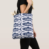 Blauwe en witte trendy sardinevis tote bag (Dichtbij)