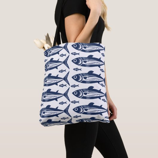 Blauwe en witte trendy sardinevis tote bag (Dichtbij)