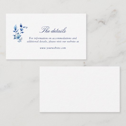 Blauwe en witte trouwerekaart voor het huwelijk plaatskaartje (Voorkant / Achterkant)