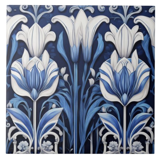 Blauwe en witte tulpen Art Deco Art Nouveau Bloeme Tegeltje (Voorkant)