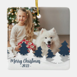 Blauwe en witte tweetalige kerstbomen keramisch ornament