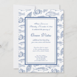 Blauwe en witte vis en krab Elegant Coastal Event Kaart