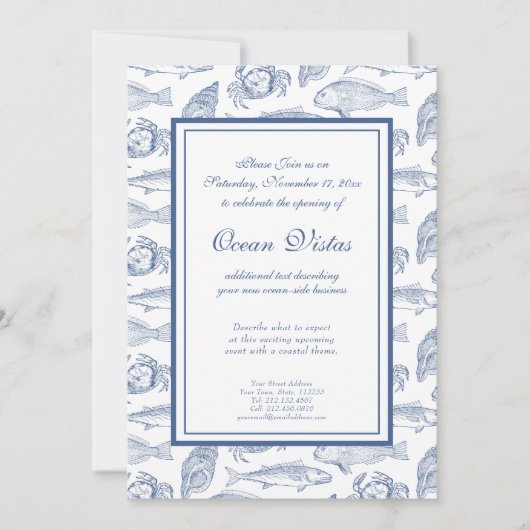 Blauwe en witte vis en krab Elegant Coastal Event Kaart (Voorkant)