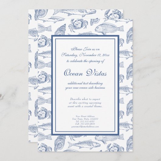 Blauwe en witte vis en krab Elegant Coastal Event Kaart (Voorkant / Achterkant)