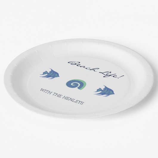 Blauwe en Witte Visschelpen Familie Strandhuis Papieren Bordje (Gekanteld)