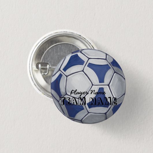 Blauwe en witte voetbal naam en nummer ronde button 3,2 cm (Voorkant /achterkant)