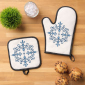 Blauwe en witte vogels scroll patroon ovenwant & pannenlap set (Top down)