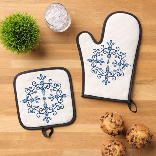 Blauwe en witte vogels scroll patroon ovenwant & pannenlap set (Top down)