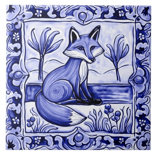Blauwe en Witte Vos Mediterrane Folk Animal Art Tegeltje (Voorkant)