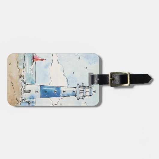 Blauwe en witte vuurtoren bagagelabel (Voorkant horizontaal)