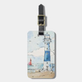 Blauwe en witte vuurtoren bagagelabel (Voorkant verticaal)