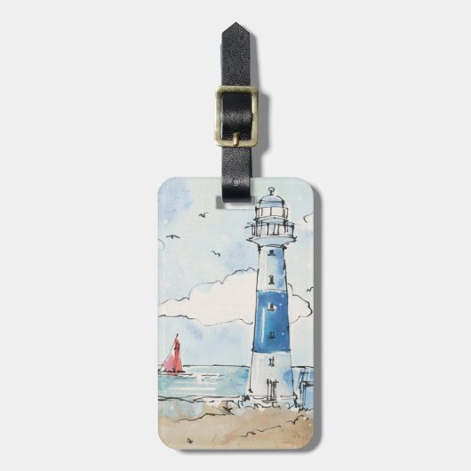 Blauwe en witte vuurtoren bagagelabel (Voorkant verticaal)