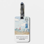 Blauwe en witte vuurtoren bagagelabel (Achterkant verticaal)