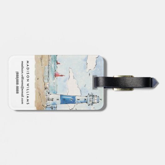 Blauwe en witte vuurtoren bagagelabel (Achterkant horizontaal)