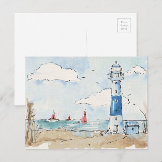 Blauwe en witte vuurtoren briefkaart (Voorkant / Achterkant)