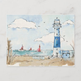 Blauwe en witte vuurtoren briefkaart