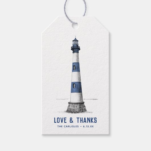 Blauwe en Witte Vuurtoren Bruiloft Dank U Cadeaulabel (Voorkant)