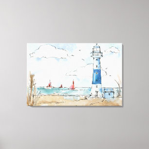 Blauwe en witte vuurtoren canvas afdruk