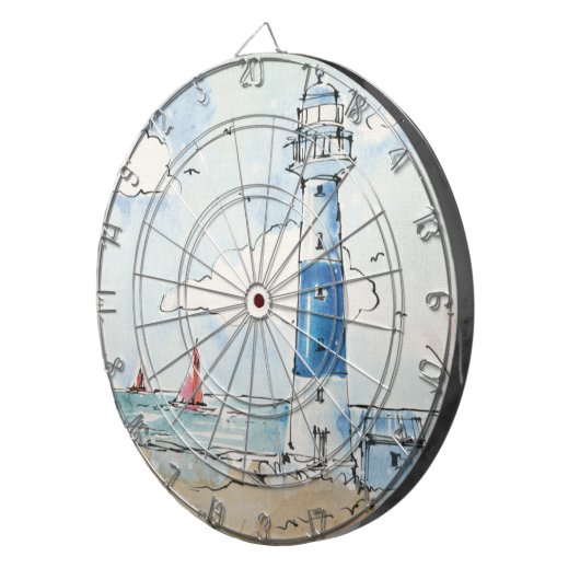 Blauwe en witte vuurtoren dartbord (Voorkant Rechts)