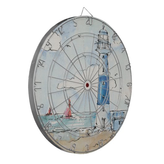 Blauwe en witte vuurtoren dartbord (Voorkant Links)