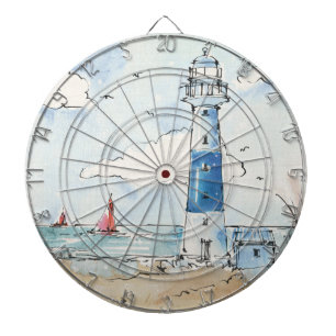 Blauwe en witte vuurtoren dartbord