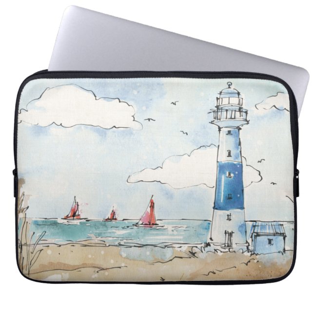 Blauwe en witte vuurtoren laptop sleeve (Voorkant)