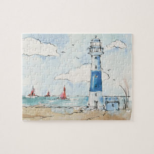 Blauwe en witte vuurtoren legpuzzel