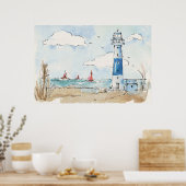 Blauwe en witte vuurtoren poster (Keuken)