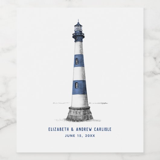 Blauwe en witte vuurtoren van het huwelijk Wijnlab Wijn Etiket (Enkel label)