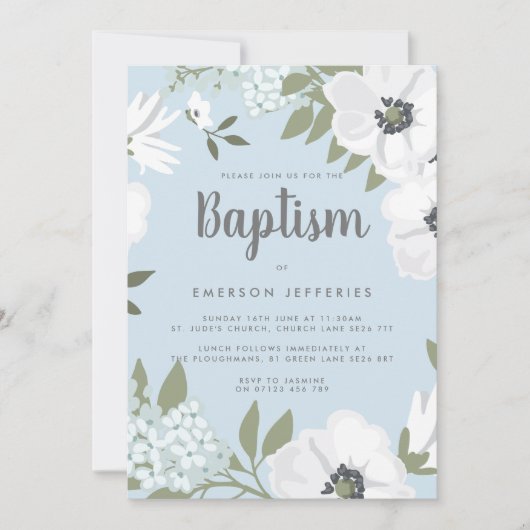 Blauwe en witte Waterverf Anemone Baptisme Kaart (Voorkant)