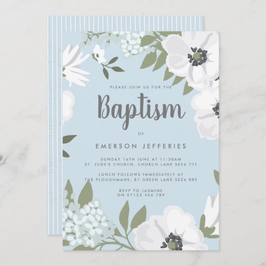 Blauwe en witte Waterverf Anemone Baptisme Kaart (Voorkant / Achterkant)