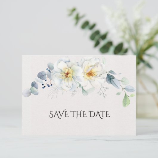 Blauwe en witte Waterverf bloemen Save The Date (Staand voorkant)