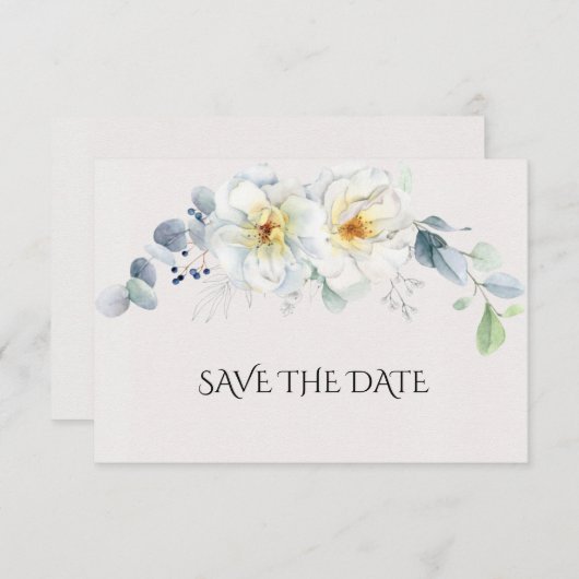 Blauwe en witte Waterverf bloemen Save The Date (Voorkant / Achterkant)