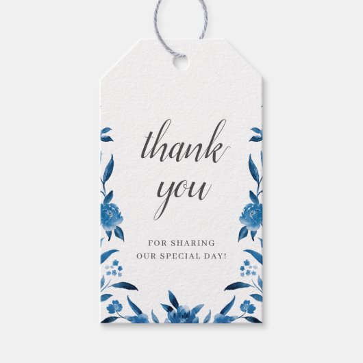 Blauwe en witte waterverf floral Bedankt voor je b Cadeaulabel (Voorkant)