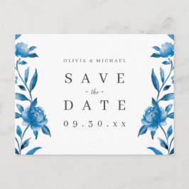 Blauwe en witte waterverf florale suspensie aankondigingskaart