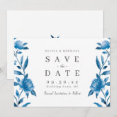 Blauwe en witte waterverf florale suspensie save the date (Voorkant / Achterkant)